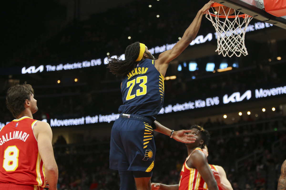 Mar 13, 2022; Atlanta, Georgia, USA; Indiana Pacers forward Isaiah Jackson (23) dunks against the Atlanta Hawks in the first quarter at State Farm Arena.